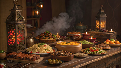Luxurious middle eastern iftar feast with traditional food lanterns and dates at dusk