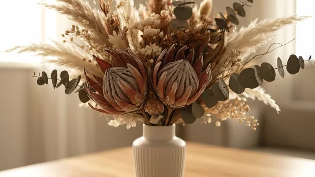 Dried Flower Arrangement in Elegant Vase - A close-up shot reveals a beautiful arrangement of dried flowers, including proteas and pampas grass, artfully displayed in a sleek white vase.