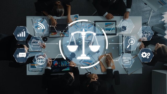 A diverse group of professionals engaged in a business meeting showcasing technology elements and a legal symbol, emphasizing collaboration and strategy development. Raster