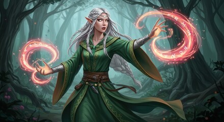 A captivating female figure, dressed in a flowing emerald green robe, casts vibrant spells in a mystical forest setting.