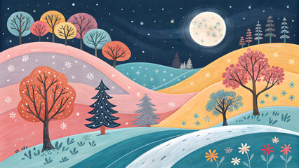 Whimsical fantasy landscape with rolling hills trees and a luminous moon under a starry night sky
