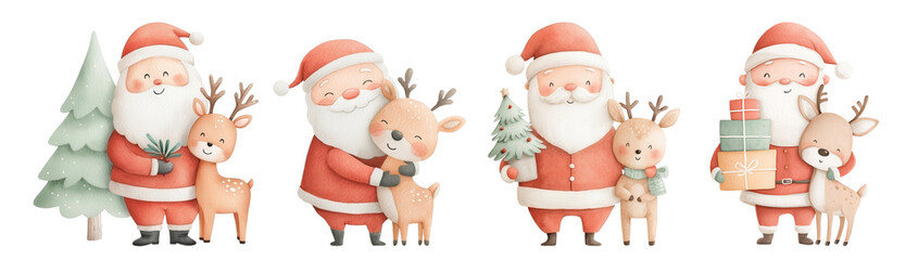 Cute Santa Claus and Reindeer Clipart Set. Watercolor Christmas designs. Santa Claus with gifts, Christmas trees, and cute reindeer.