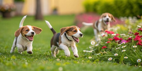 Beagle puppies with cute smiles are playing together on a green lawn with flowers.