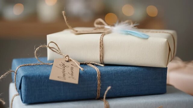 Beautifully Wrapped Gifts with Twine - A stack of presents wrapped in blue and cream paper, tied with twine and adorned with tags and feathers.