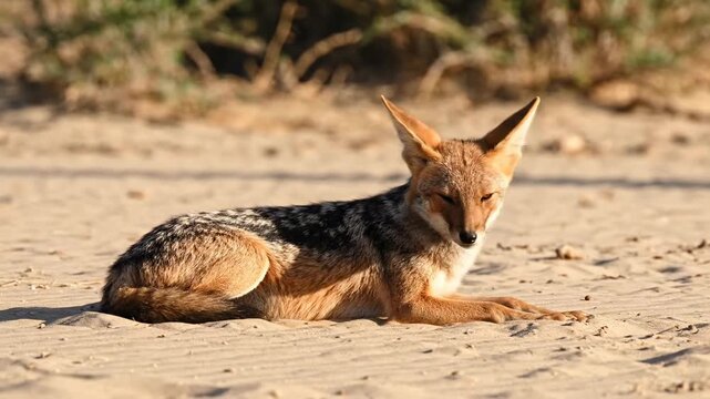 Black-backed Jackal Resting in the Sand - A black-backed jackal lies resting on a sandy surface, its eyes closed in peaceful slumber.