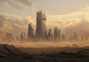 A desolate cityscape of broken skyscrapers stands amidst a vast, sandy wasteland, bathed in the muted hues of a dusty sunset.