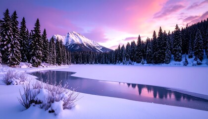 Snowy Mountain Lake at Sunset with Forest and Reflections