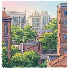 Vibrant City View: Rooftops, Greenery, and Modern Architecture.