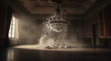 A grand chandelier shatters amidst a dusty, abandoned ballroom, revealing the grandeur and decay of a forgotten era.