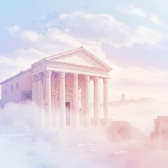 Classical Temple Ruins in Ethereal Pastel Mist.