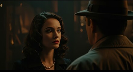 Intriguing close-up of two figures in a dimly lit room, showcasing dramatic lighting and vintage style.