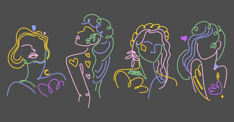 Set of women's colored line art silhouettes in aesthetic style. Vector illustration.