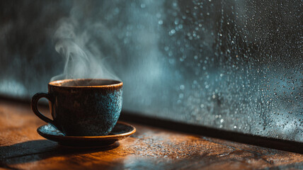 Tea Cup or Coffee Cup with Rainy Outside and window at day time
