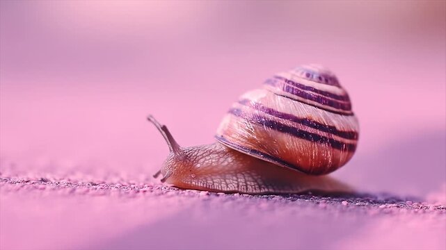 Close-up view of a snail with a striking shell pattern, moving across a textured, soft pink surface.
