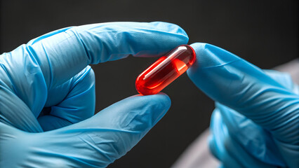 Close-up of hands in blue medical gloves holding a red translucent capsule with dark brown liquid inside pharmaceutical research concept