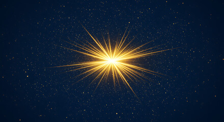 Bright yellow starburst with golden particles on dark blue background