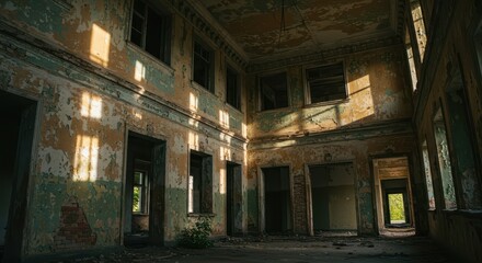 Sun-drenched interior of a decaying building, revealing peeling paint and broken windows, casting dramatic shadows.