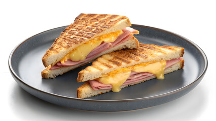 Delicious grilled ham and cheese sandwich with melted yellow cheese and toasted bread on a dark plate