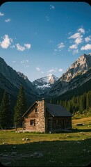 A charming log cabin nestled in a valley, surrounded by towering mountains under a vibrant blue sky.