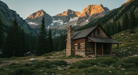 Rustic mountain cabin nestled amongst tall pines, bathed in warm sunlight, against a backdrop of majestic peaks.