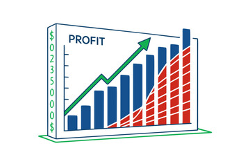 3D profit bar chart with upward trending arrow graph