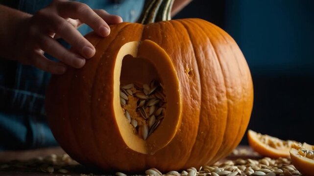 A person is carving a design into a pumpkin while removing the seeds