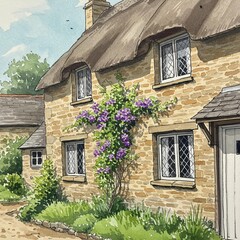 Idyllic Stone Cottage with Thatched Roof and Climbing Flowers.