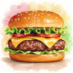 Delicious Watercolor Cheeseburger Illustration.