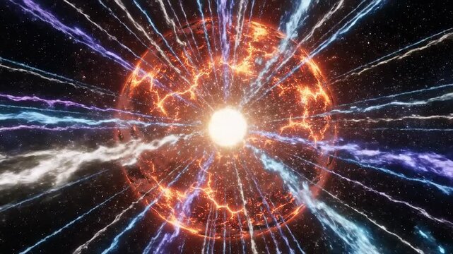 Exploding Planet with Energy Beams - A fiery planet explodes in deep space, emitting vibrant energy beams in various colors.