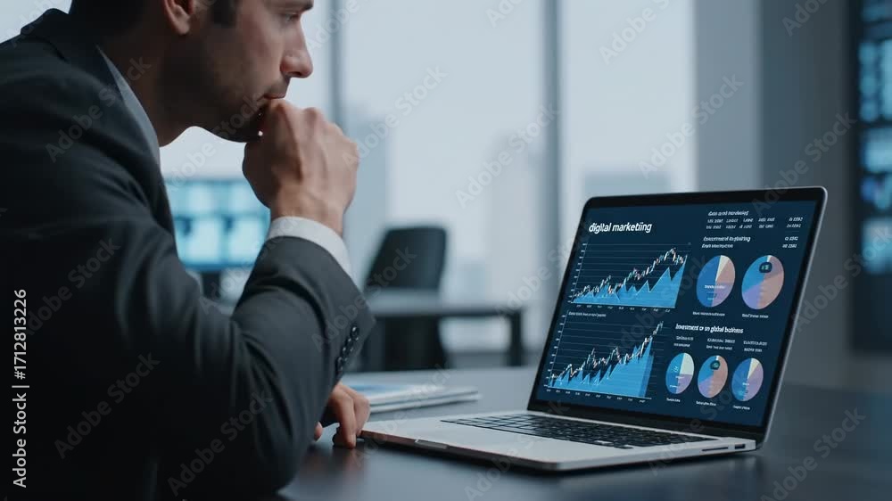 Aufkleber businessman analyzing global network data on laptop - a businessman sits at a desk, focused on his l