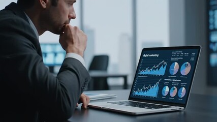 Businessman Analyzing Global Network Data on Laptop - A businessman sits at a desk, focused on his laptop displaying a world map with interconnected nodes representing global data exchange. - Powered by Adobe