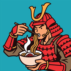Samurai Eating Ramen Japanese Vector Illustration