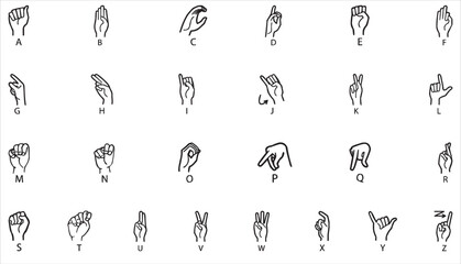 American Sign Language (ASL) icon set illustrating hand signs, alphabet gestures, communication symbols, and deaf culture elements. Clean vector line art style, suitable for educational posters, 