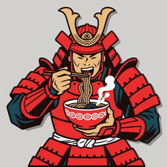 Samurai Eating Ramen Japanese Vector Illustration