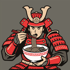 Samurai Eating Ramen Japanese Vector Illustration