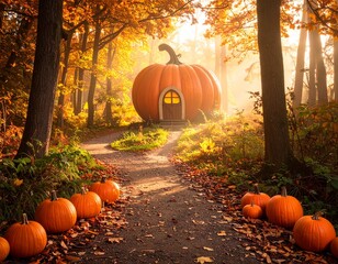A pumpkin Shaped house in the middle of peaceful vibes forest during Autumn season