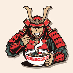 Samurai Eating Ramen Japanese Vector Illustration