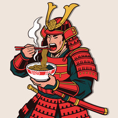 Samurai Eating Ramen Japanese Vector Illustration