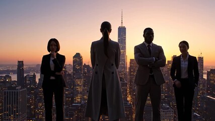 Business Team Contemplating City Skyline at Dawn - Silhouettes of four diverse businesspeople stand on a rooftop overlooking a cityscape at dawn, contemplating the future. - Powered by Adobe