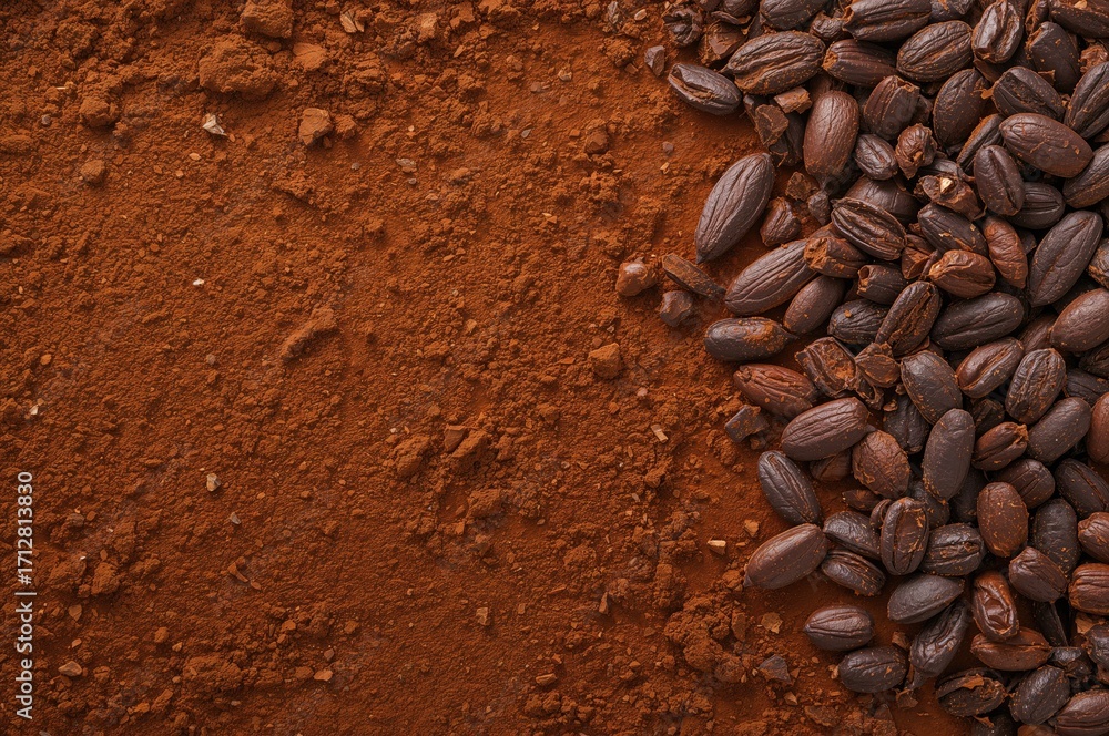 Aufkleber ground cocoa mixed with chocolate chunks on a bed of unprocessed cocoa beans, showcasing texture and