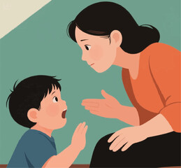 Fototapeta premium A mother and her young son are looking at each other, appearing to be in a deep conversation. The mother, with black hair and an orange shirt, is leaning down and listening attentively to her son.