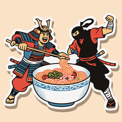 Samurai vs Ninja Fighting Over Ramen Bowl Vector Illustration
