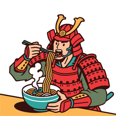 Samurai Eating Ramen Japanese Vector Illustration