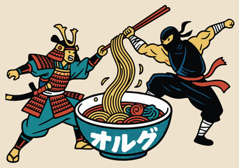 Samurai vs Ninja Fighting Over Ramen Bowl Vector Illustration