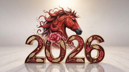 A photo dedicated to the year 2026 of the Horse.  The number "2026" is elegantly combined with the image of a horse's head with smooth mane lines that convey movement and grace.