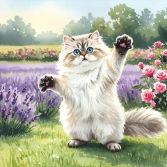 Adorable watercolor cat playing in a lavender field.