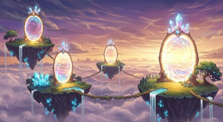 Floating islands connected by ropes, showcasing magical portals to other realms, lit by a beautiful sunrise or sunset.