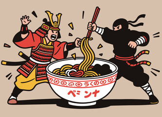 Samurai vs Ninja Fighting Over Ramen Bowl Vector Illustration
