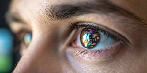 Focused man eye reflects data screen analyzing economic risk because of new ai technology. programmer close up view shows intense concentration on binary code