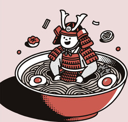 Cute Samurai Sitting Inside Ramen Bowl Vector Illustration